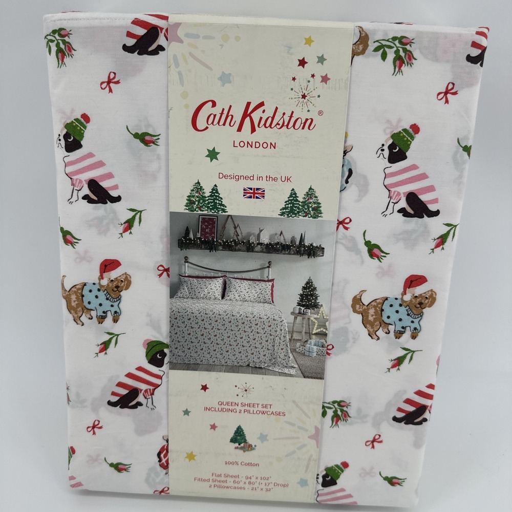 Cath Kidston London 4pc QUEEN Cotton Christmas ~ PUPPY LOVE PINK ~ Sheet Set NIP